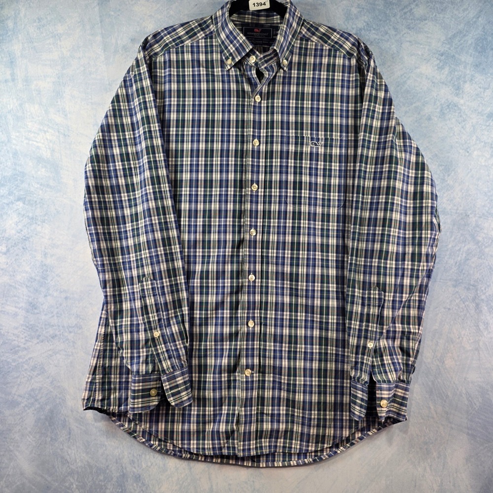Vineyard Vines Slim Fit Tucker Shirt Mens Medium Navy Green Plaid Cotton